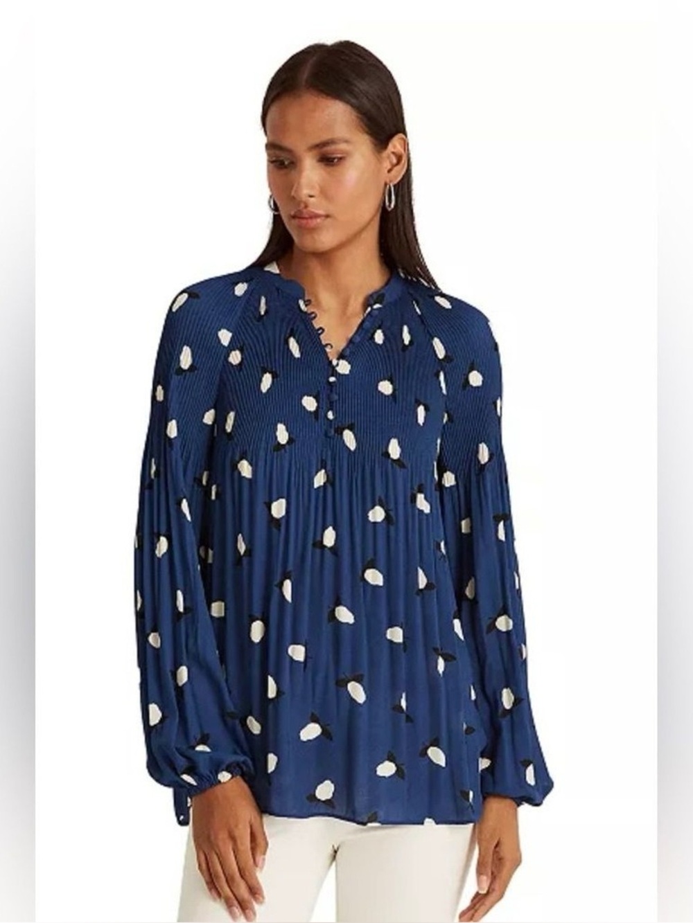 Lauren Ralph Lauren pleated georgette blouse lemon print size medium